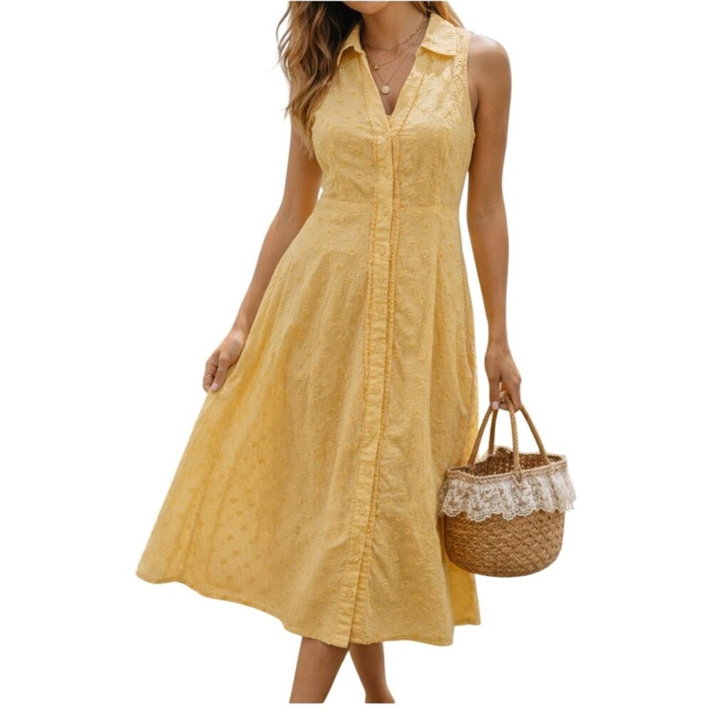 Cotton Sundress Eyelet Midi Dress‎ Sz Large Button Front Boho Cottagecore Summer